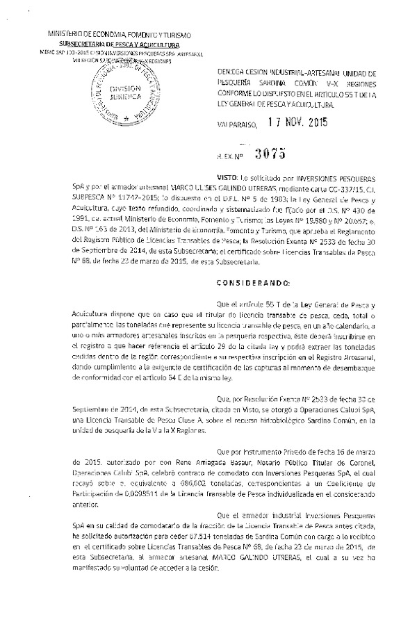 Res. Ex. N° 3075-2015 Autoriza cesión sardina común VIII Región.