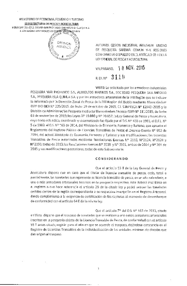Rec. Ex. N° 3110-2015 Autoriza Cesión Sardina común VIII Región.