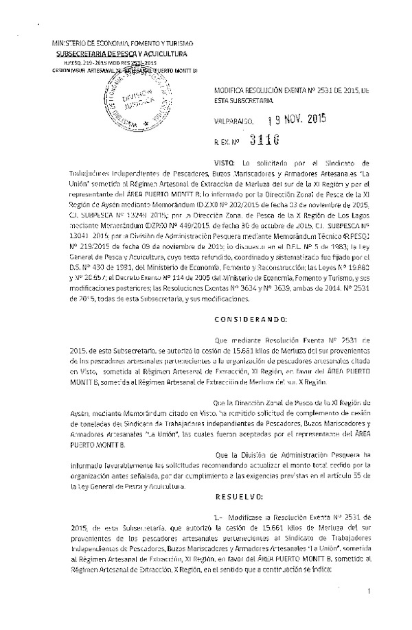 Res. Ex. N° 3116-2015 Modifica Res. Ex. N° 2531-2015 Autoriza cesión Merluza del sur, XI a X Regíón.