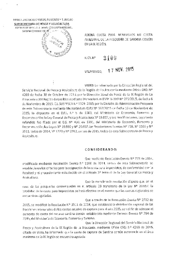 Res. Ex. N° 3109-2015 Asigna Cuota para Imprevistos en Cuota Artesanal de la Pesquería de Sardina Común en la IX Región. (F.D.O. 25-11-2015)