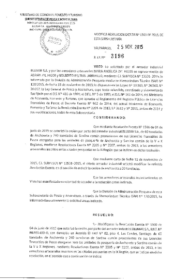Res. Ex. N° 3196-2015 Modifica Res. Ex. N°1500-2015 Autoriza cesión anchoveta y sardina común V-X Región.