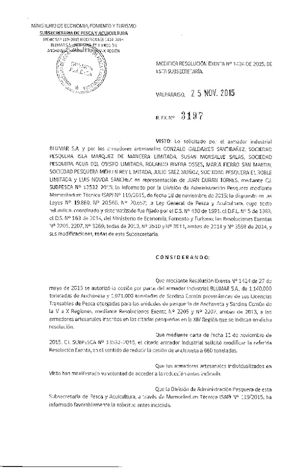 Res. Ex. N° 3197-2015 Modifica Res. Ex. N° 1424-2015 Autoriza cesión Anchoveta y Sardina común V-X a XIV Región.
