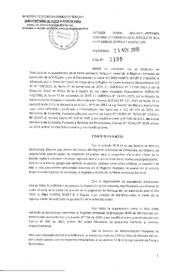 Res. Ex. N° 3199-2015 Autoriza Cesión Merluza del Sur X Región.