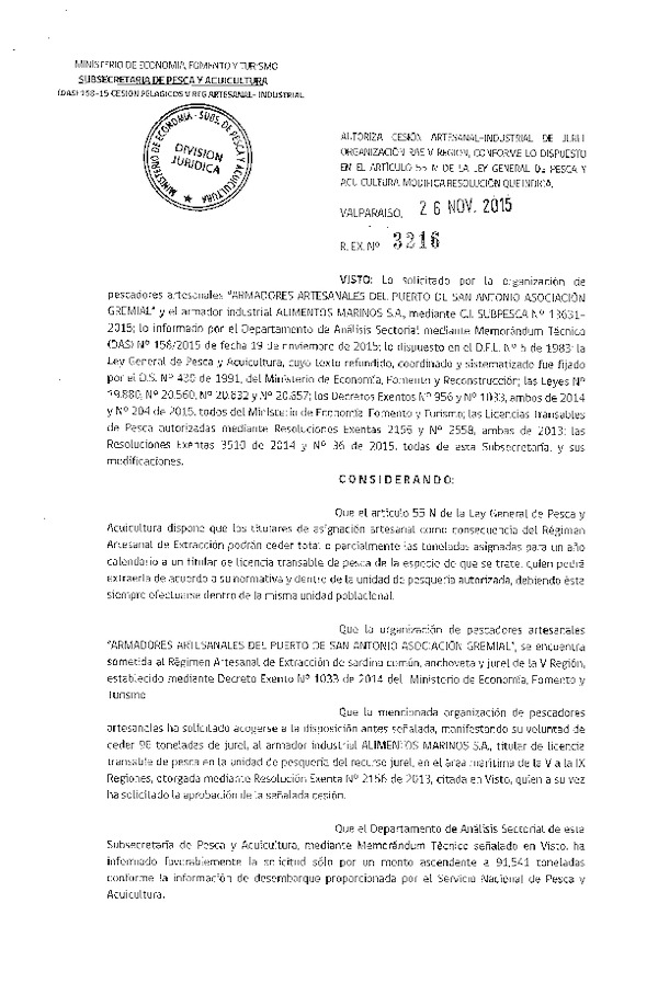 Res. Ex. N° 3216-2015 Autoriza cesión Jurel V Regón.