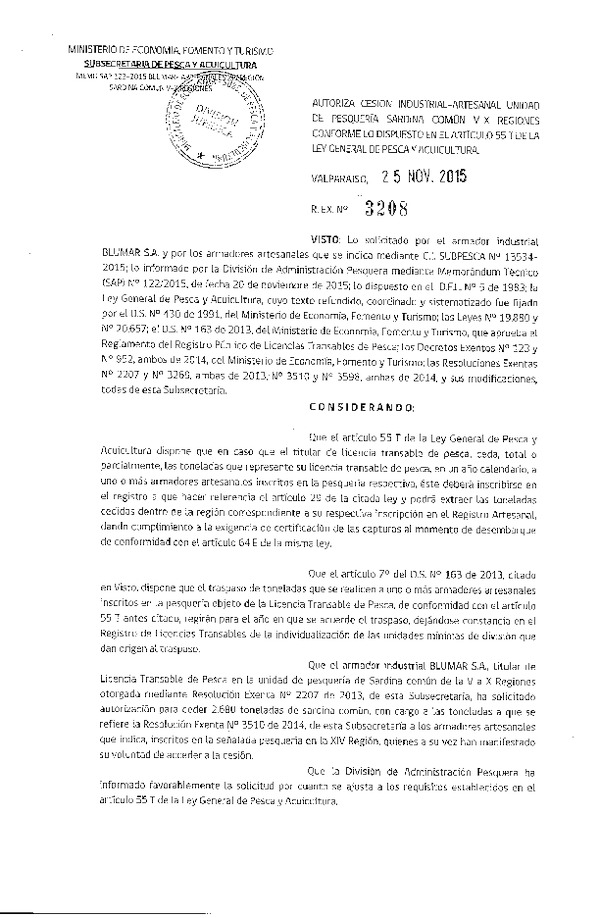 Res. Ex. N° 3208-2015 Autoriza cesión Sardina común, XIV Región.