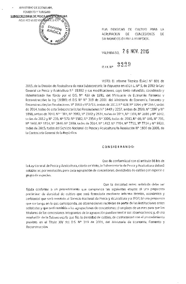 Res. Ex. N° 3229-2015 Fija densidad de cultivo para la agrupación de concesión de Salmónidos 61, XII Región. (F.D.O. 03-12-2015)