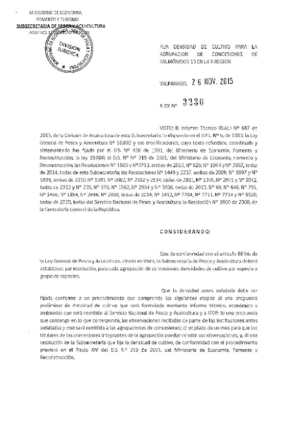 Res. Ex. N° 3230-2015 Fija densidad de cultivo para la agrupación de concesión de Salmónidos 13, X Región. (F.D.O. 03-12-2015)