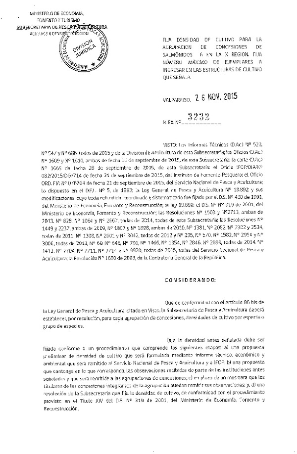 Res. Ex. N° 3232-2015 Fija densidad de cultivo para la agrupación de concesión de Salmónidos 6, X Región. (F.D.O. 03-12-2015)