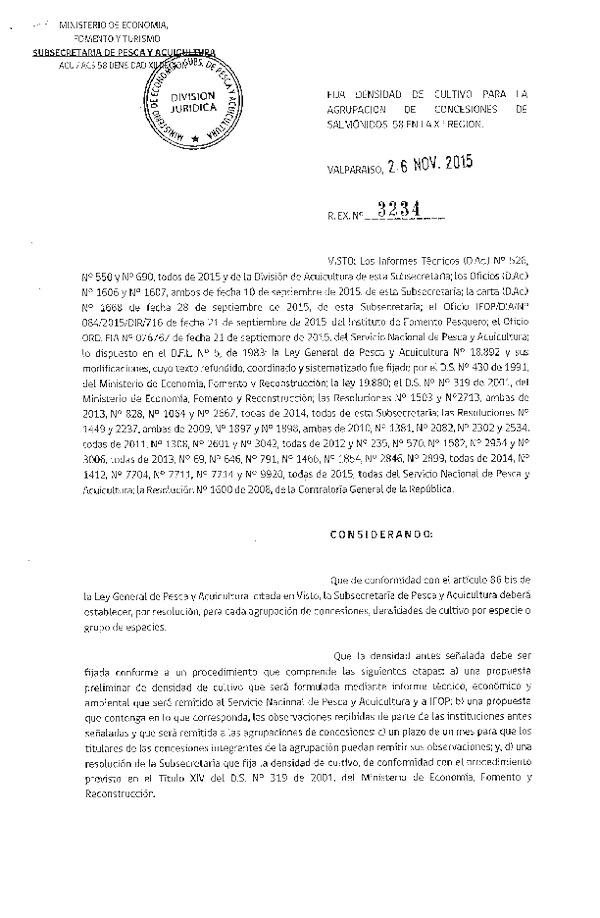 Res. Ex. N° 3234-2015 Fija densidad de cultivo para la agrupación de concesión de Salmónidos 58, XII Región. (F.D.O. 03-12-2015)