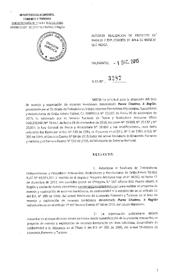 Res. Ex. N° 3287-2015 AUTORIZA PROYECTO DE MANEJO.