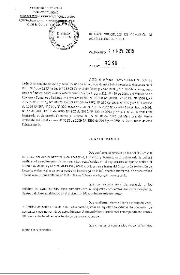 Res. Ex. N° 3260-2015 Rechaza Solicitudes de Concesión de Acuicultura.