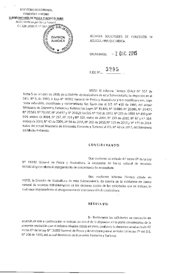 Res. Ex. N° 3295-2015 Rechaza Solicitudes de Concesión de Acuicultura.
