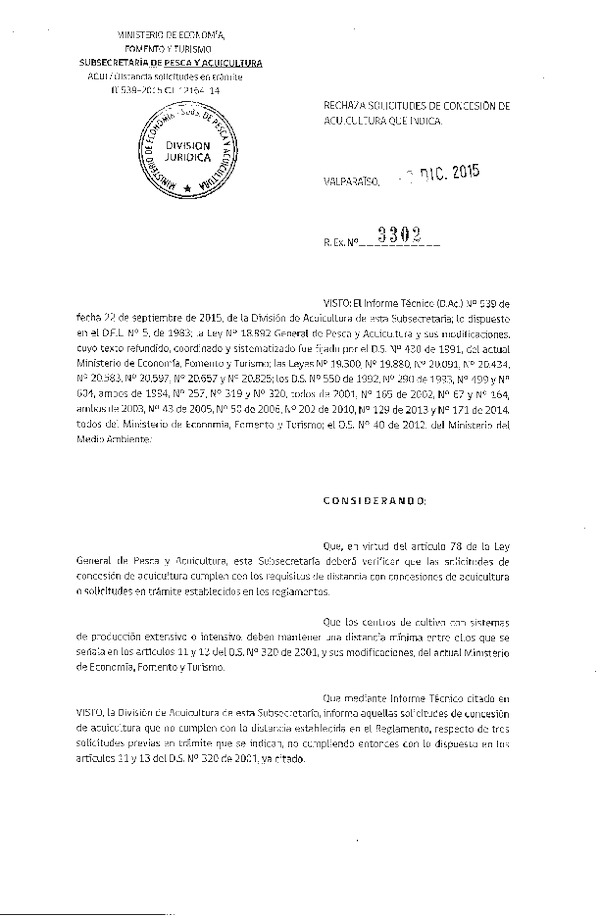 Res. Ex. N° 3302-2015 Rechaza Solicitudes de Concesión de Acuicultura.