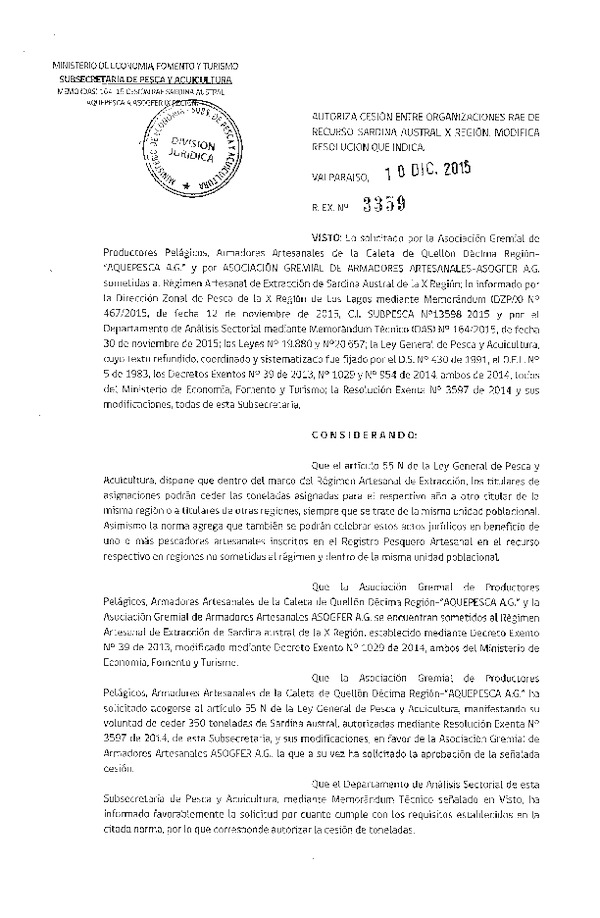 Res. Ex. N° 3359-2015 Autoriza cesión Sardina austral X Región.