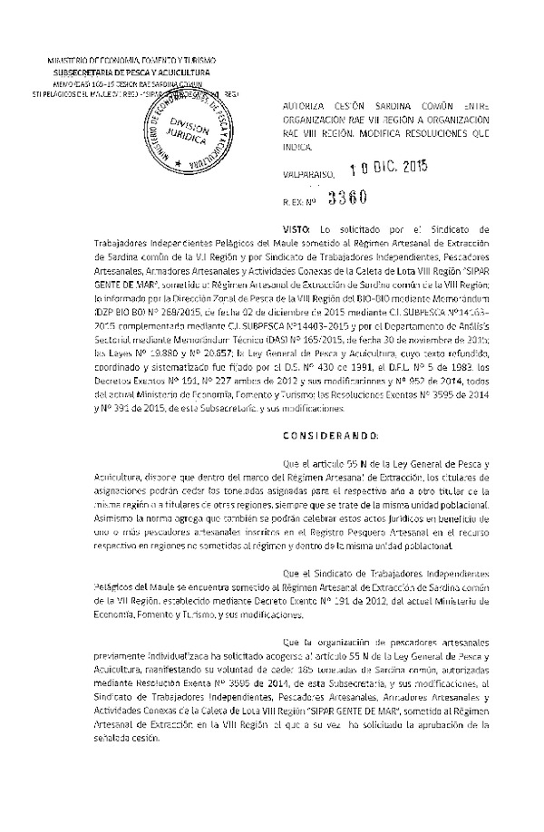 Res. Ex. N° 3360-2015 Autoriza cesión Sardina común VII a VIII Región.