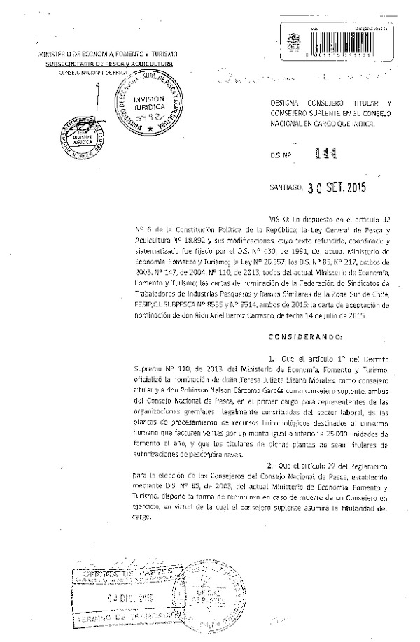 D.S. N° 144-2015 designa consejero Titular y Consejero Suplente en el Cosejo Nacional en Cargo que Indica. (F.D.O. 16-12-2015)