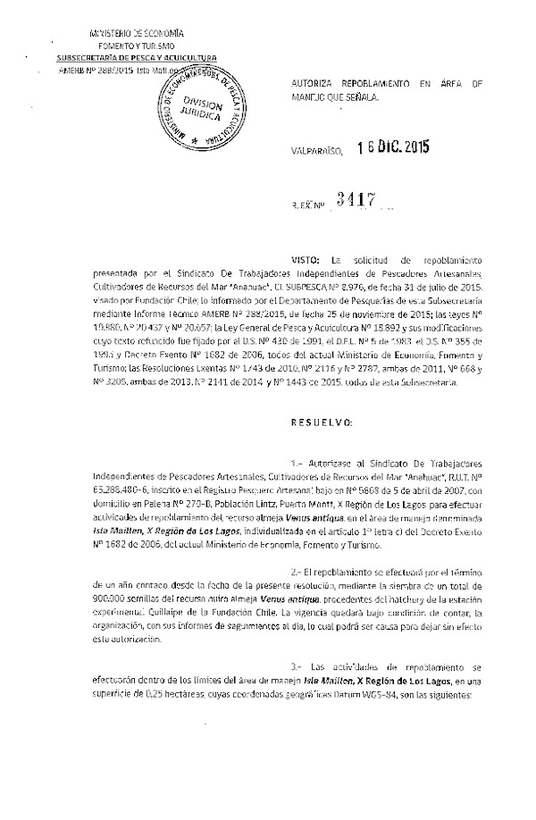 Res. Ex. N° 3417-2015 AUTORIZA REPOBLAMIENTO.