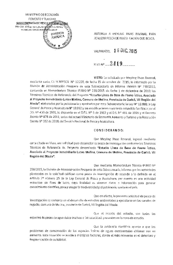 Res. Ex. N° 3419-2015 Estudio línea de base de fauna íctica, VII Región del Maule.