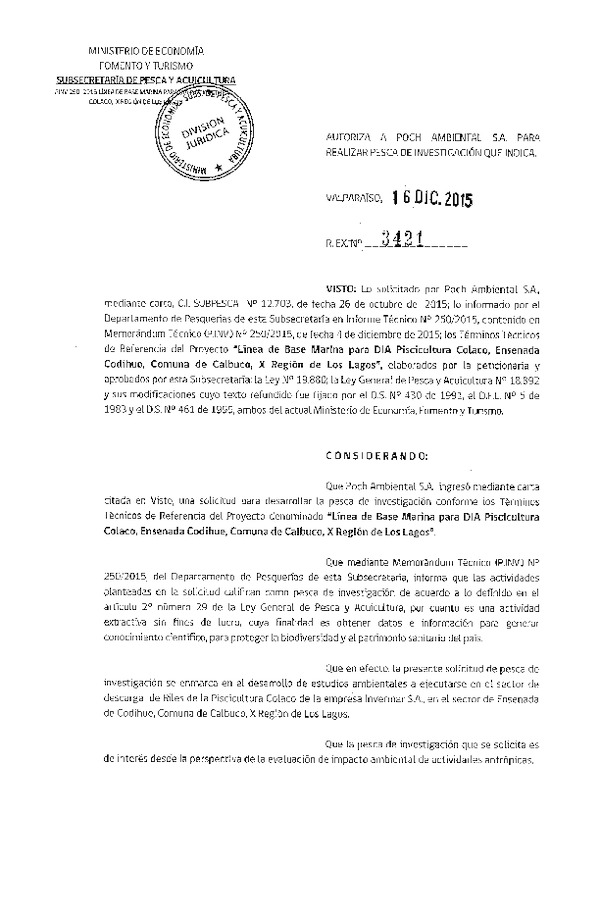 Res. Ex. N° 3421-2015 Línea de base marina Ensenada Codihue, X Región.