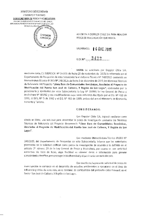 Res. Ex. N° 3422-2015 Línea base de comunidades bentónicas, X Región.