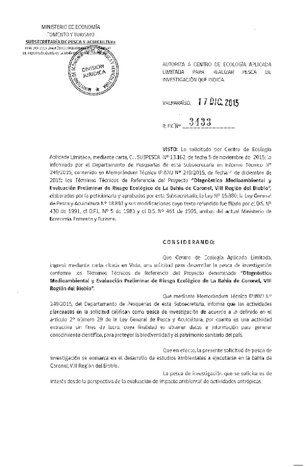 Res. Ex. N° 3433-2015 Diagnóstico medioambiental y evaluación preliminar de riesgo ecológico de la Bahía Coronel, VIII Región.