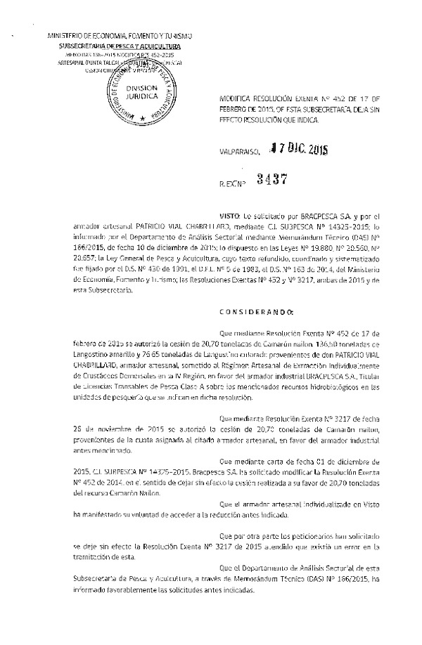 Res. Ex. N° 3437-2015 Modifica Res. Ex. N° 452-2015 Autoriza Cesión Crustáceos Demersales IV Región.