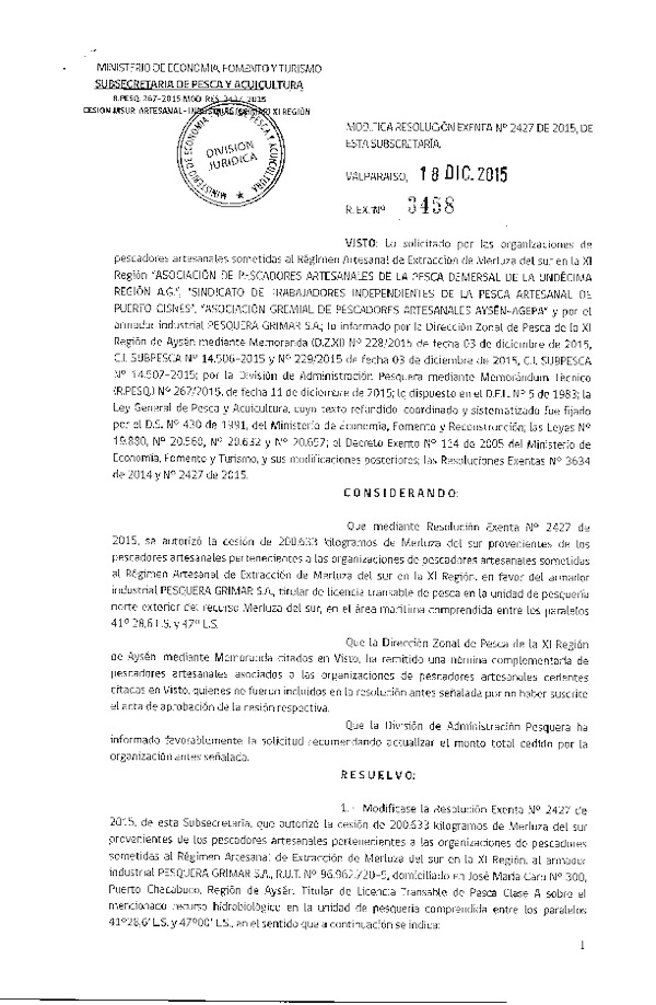 Res. Ex. 3458-2015 Modifica Res. Ex. N° 2427-2015 Autoriza cesión Merluza del sur XI Región.