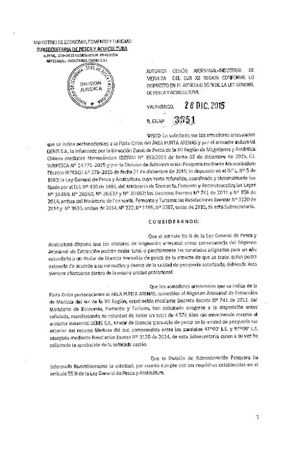 Res. Ex. N° 3551-2015 Autoriza cesión Merluza del sur, XII Región.