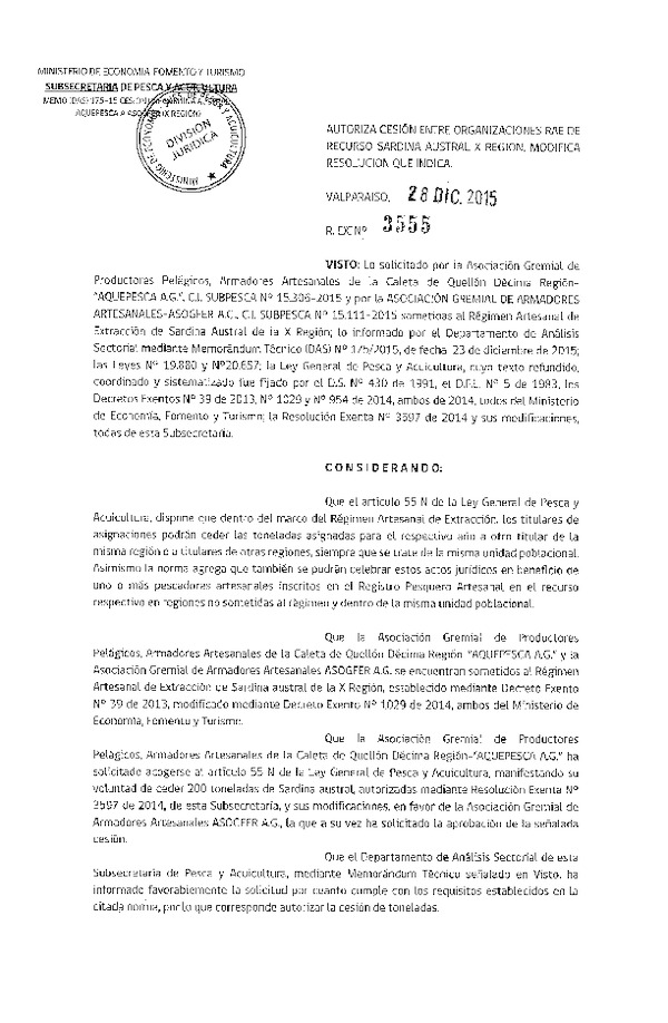 Res. Ex. N° 3555-2015 Autoriza cesión Sardina austral, X Región.