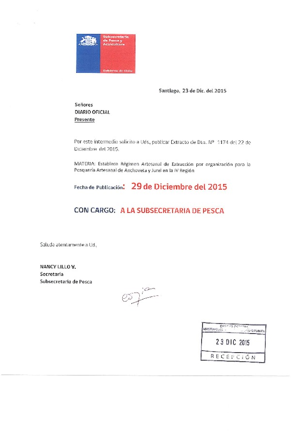 Dec. Ex. N°1174-2015 Establece Régimen Artesanal de Extracción por Organización para la Pesquerías Artesanales de Anchoveta y Jurel en la IV Región. (F.D.O. 29-12-2015)