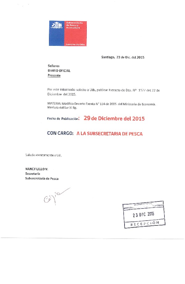 Dec. Ex. N° 1177-2015 Modifica Dec. Ex. N° 114-2005 Régimen Artesanal de Extracción Merluza del Sur, XI Región. (F.D.O. 29-12-2015)