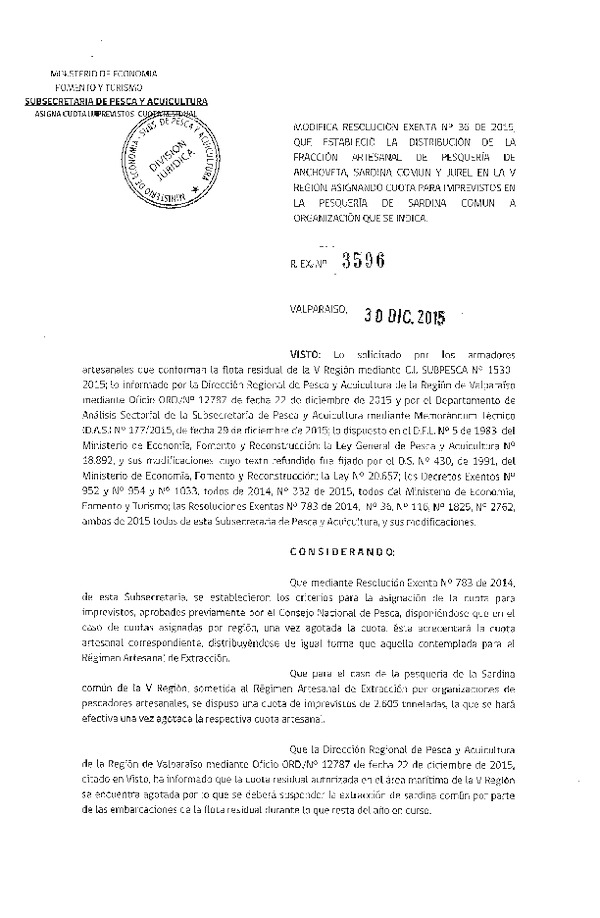 Res. Ex. N° 3596-2015 Modifica Res. Ex. 36-2015 Distribución de la Fracción Artesanal de Anchoveta, Sardina común y Jurel V Región.