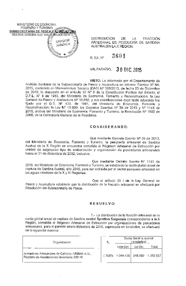 Res. Ex. N° 3601-2015 Distribución de la Fracción Artesanal de Pesquería de Sardina Austral, X Región, año 2016.