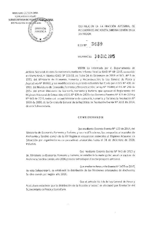 Res. Ex. N° 3630-2015 Distribución de la Fracción Artesanal de Pesquería de Anchoveta y Sardina Común, XIV Región, año 2016.