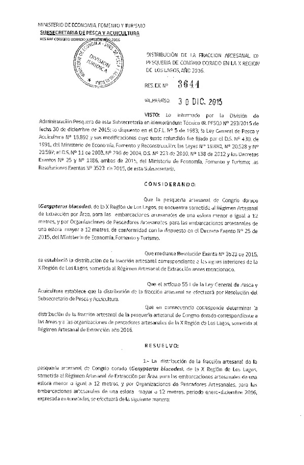 Res. Ex. N° 3644-2015 Distribución de la Fracción Artesanal Pesquería de Congrio Dorado, en la X Región, Año 2016.