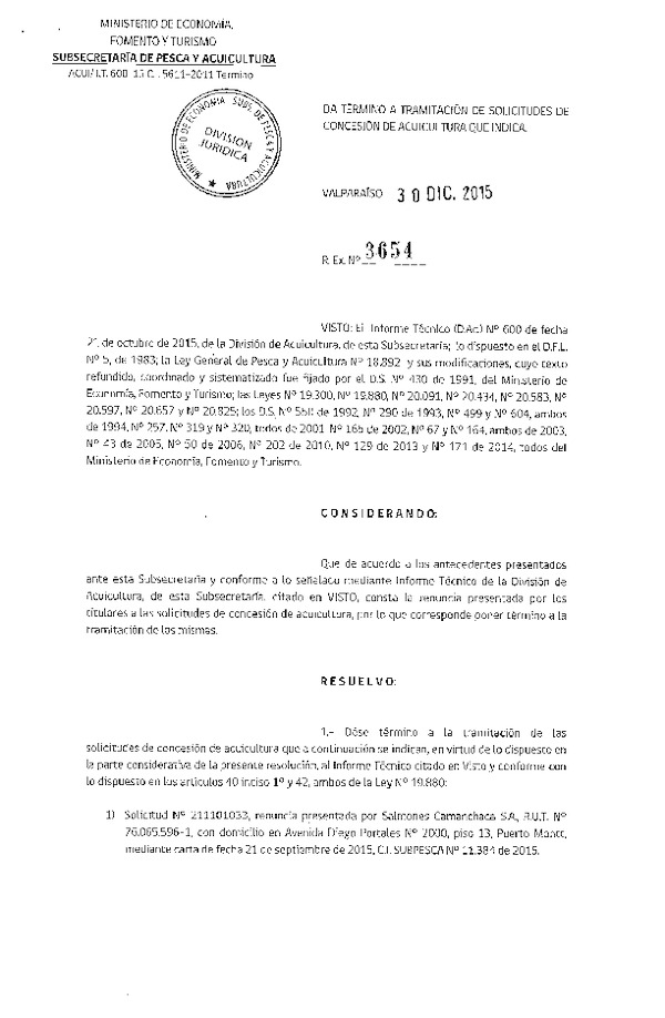 Res. Ex. N° 3654-2015 Da Término a Trámitación de solicitudes de concesión de acuicultura que Indica.
