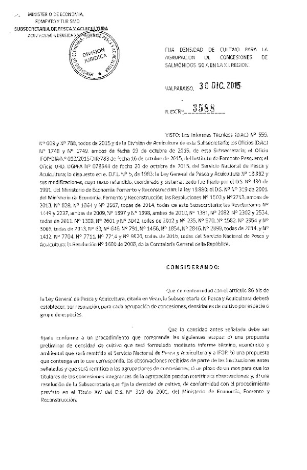 Res. Ex. N° 3588-2015 Fija densidad de cultivo para la agrupación de concesión de Salmónidos 50 A, XII Región. (F.D.O. 07-01-2016)
