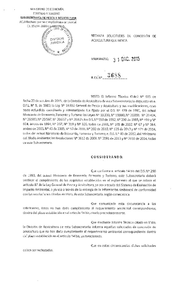 Res. Ex. N° 3688-2015 Rechaza Solicitudes de Concesión de Acuicultura.