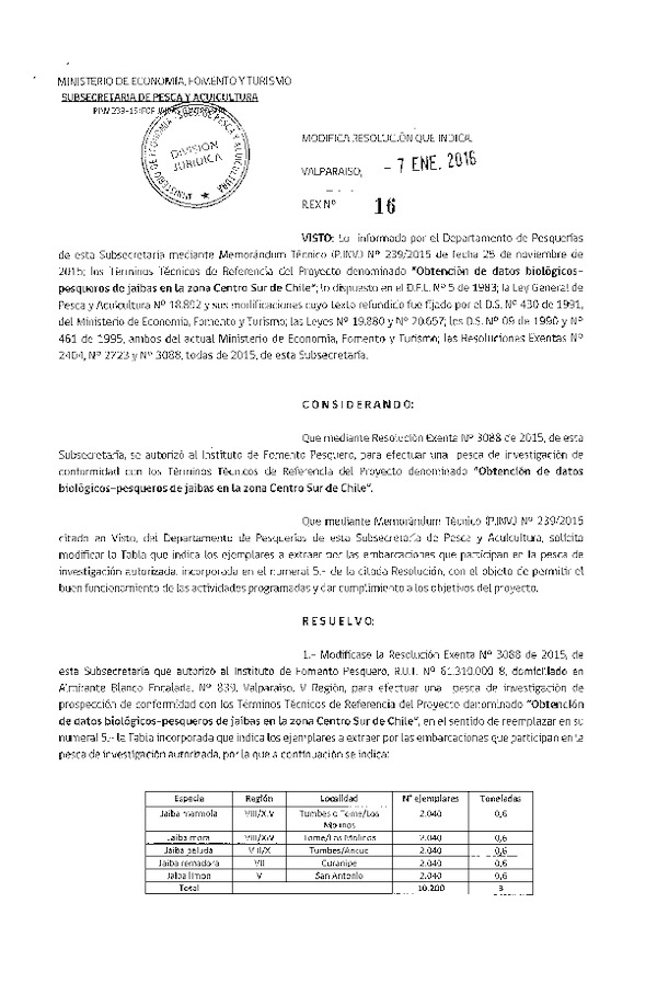 Res. Ex. N° 16-2016 Modifica Res. Ex. N° 3088-2015 Obtención de datos biológicos-pesqueros de Jaibas en la Zona Centro Sur de Chile.