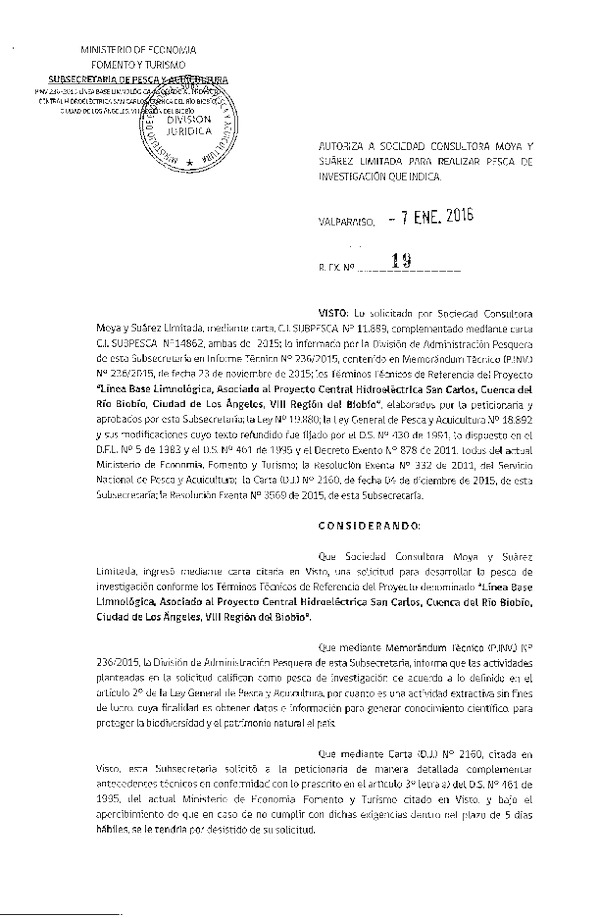 Res. Ex. N° 19-2016 Línea de base limnológica cuenca del río Biobío, VIII Región.