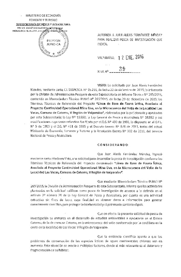 Res. Ex. N° 39-2016 Línea de base de fauna íctica, V Región.