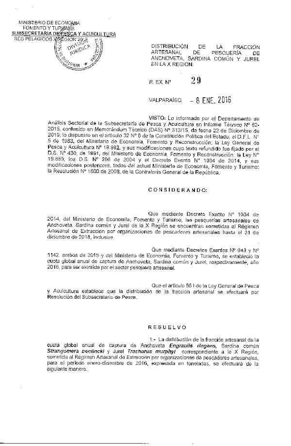 Res. Ex. N° 29-2016 Distribución de la Fracción Artesanal de Pesquería de Anchoveta, Sardina común y Jurel en la X Región. (F.D.O. 18-01-2016)
