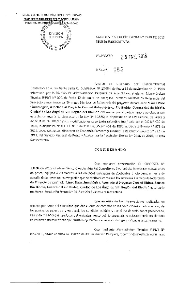 Res. Ex. N° 165-2016 Modifica Res. Ex. N° 2418-2015 Línea base limnológica, cuenca río Biobío, VIII Región.