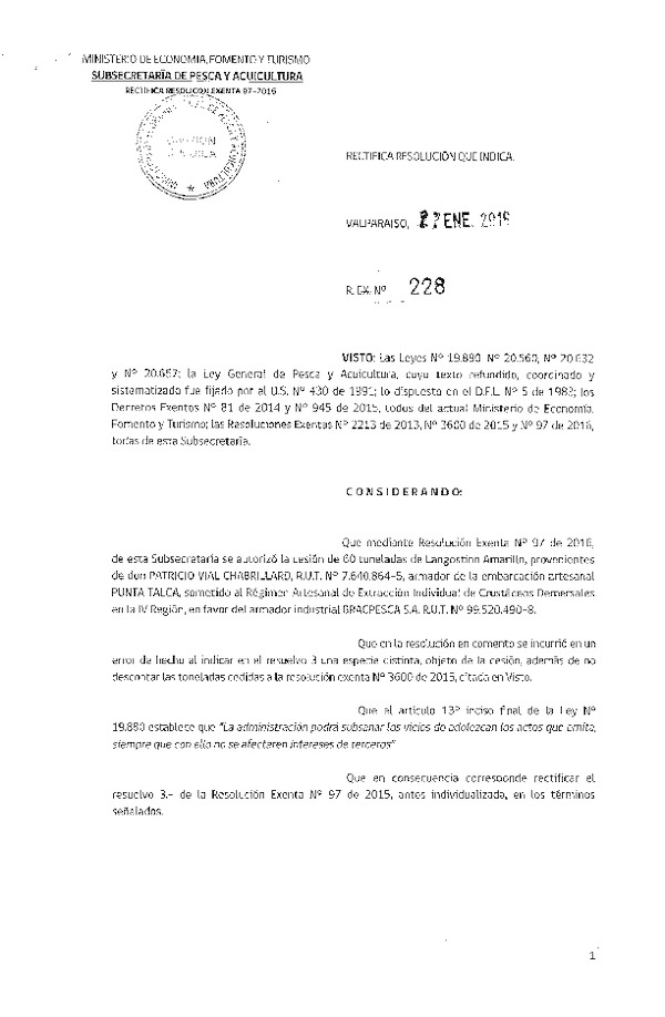 Res. Ex. N° 228-2016 Rectifica Res. Ex. N° 97-2016 Autoriza cesión crústaceos IV Región.