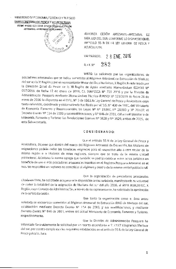 Res. Ex. N° 282-2016 Cesión merluza del sur XI-X Región.