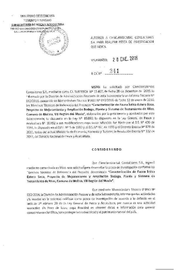 Res. Ex. N° 241-2016 Caracterización de fauna íctica estero seco, VII Región del Maule.