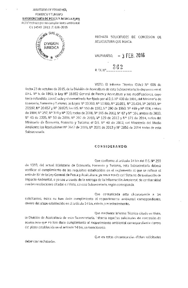 Res. Ex. N° 362-2016 Rechaza Solicitudes de Concesión de Acuicultura.