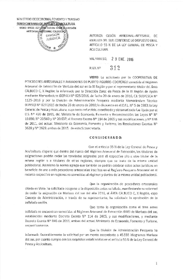 Res. Ex. N° 312-2016 Autoriza Cesión Merluza del Sur XI-X Región.