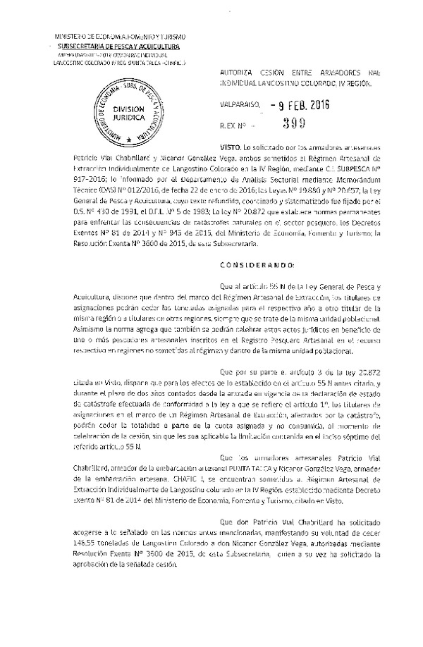 Res. Ex. N° 399-2016 Autoriza Cesión Langostino colorado IV Región.