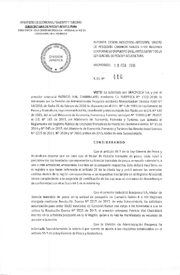 Res. Ex. N° 416-2016 Autoriza Cesión Camarón Nailon, IV Región.